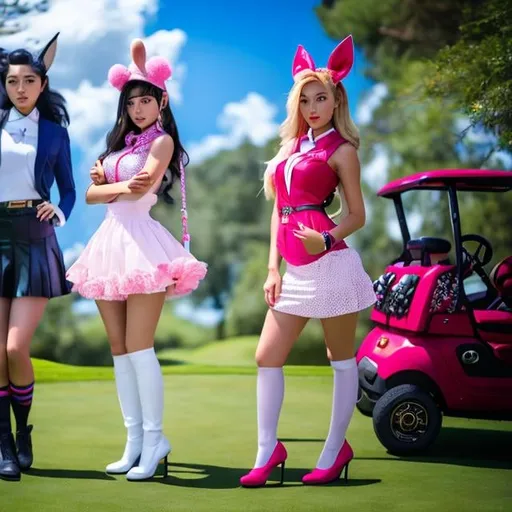 Prompt: A E Jackson, Nick Hewetson, Lola Anglada, Surreal, mysterious, bizarre, fantastical, fantasy, Sci-fi fantasy, anime, beautiful blonde miniskirt girl Alice participates in a golf tournament, perfect body, other players include the Queen of Hearts, the White Rabbit wearing a bipedal vest, and the Cheshire cat, Alice. With the swing, the golf ball flies like a bullet and makes a hole-in-one.Everyone is surprised.Alice jumps for joy.Dynamic, festive, blue sky, mushroom forest and castle in the background, detailedSurreal, mysterious, bizarre, fantastical, fantasy, Sci-fi, Japanese anime, beautiful blonde miniskirt girl Alice participates in a golf tournament, perfect voluminous body, other players include the Queen of Hearts, the White Rabbit wearing a bipedal vest, and the Cheshire cat, Alice. With the swing, the golf ball flies like a bullet and makes a hole-in-one, Everyone is surprised, Alice jumps with  joy, Dynamic, festive, blue sky, mushroom forest and castle in the background, detailed Masterpiece 