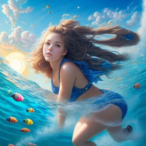 Prompt: Christian Riese Lassen, Kate Greenaway, James Jean, Japanese Anime, Surreal Mysterious Bizarre Fantastic Sci-Fi Fantasy, Solar System Sinking to the Bottom of the School Pool, School Swimsuit High School Girl,  Perfect Body Beautiful Girl, hyper detailed, high resolution high definition high quality masterpiece 