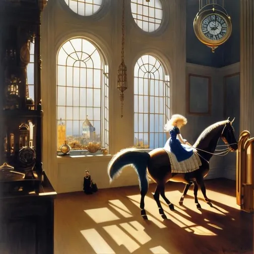 Prompt: Charles Robinson, Linda Ravenscroft, Dadaism, wonder, strange, fantastical, fantasy, Sci-fi, Japanese anime, rocking horse, flying beautiful girl, seahorse, inside the clock tower, diffused reflection, detailed masterpiece perspectives