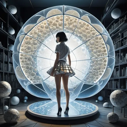 Prompt: Satoshi Urushihara, Ernesto Basile, Yuko Shimizu, Giovanni Mataloni, Albert Maignan, Surrealism, strange, bizarre, fantastical, fantasy, Sci-fi, Japanese anime, shell/quadratic hyperbola, still life cell membrane, growing blueprint, miniskirt beautiful girl architect in spatial design, perfect voluminous body, detailed masterpiece 