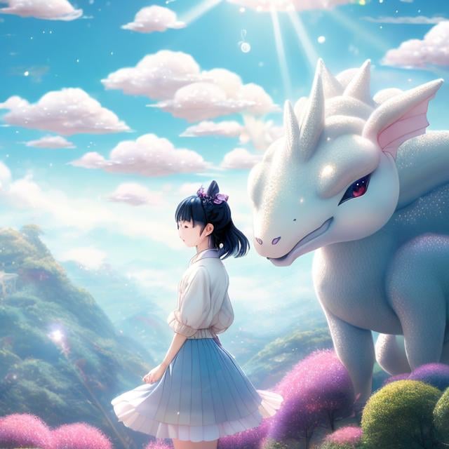 Prompt: Richard Doyle, Yoshiko Nishitani, Surreal, mysterious, strange, fantastical, fantasy, Sci-fi, Japanese anime, rainy Sunday, pale blue world, a little light shines through the clouds, a beautiful high school girl in a miniskirt looks out of her home window, perfect voluminous body, a cloud dragon in the sky, 