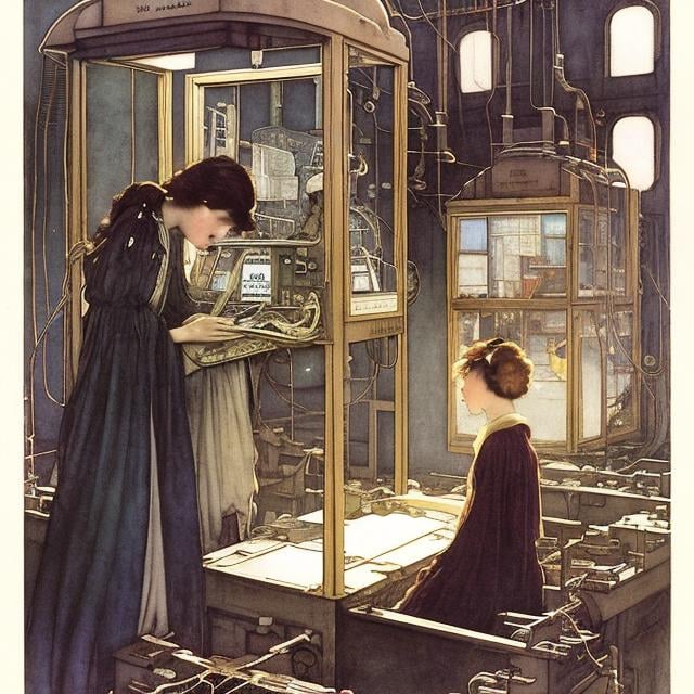 Prompt: Jessie Willcox Smith, Edmund Dulac, Heath Robinson, animesque　wondrous　strange　Whimsical　Sci-Fi Fantasy　time machine, Telephone booth type, under repair, The repairman is a Japanese high school girl, solo girl, a beauty girl　inside factory, high school girl working while floating in the air, innocent beautiful face, hyper detailed high resolution masterpiece 