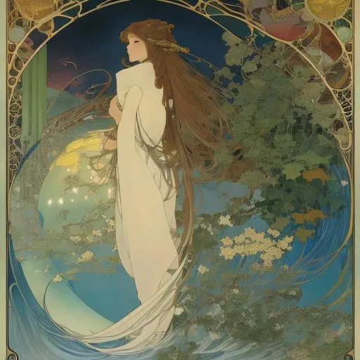 Prompt: Katsuhiro Otomo, Alphonse mucha, Surreal, mysterious, bizarre, fantastical, fantasy, Sci-fi, Japanese anime, marine natural history classroom, adventure begins in the nature right in front of you, night diving in the sea, at night, a beautiful girl, where the history of the earth, space, and the world of the deep sea intersect, detailed masterpiece 