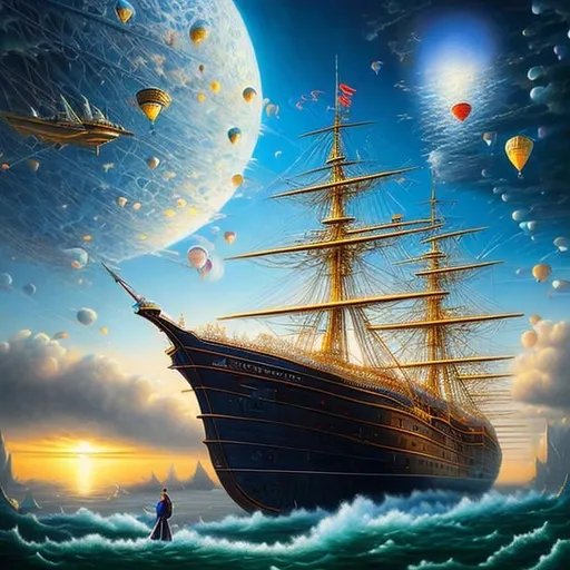 Prompt: John Stephens style, ship floating in air, detailed, semi realistic, people coming down using umbrellas as parachute, surreal fantasy