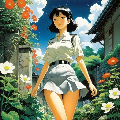 Prompt: Sunao Katabuchi, Yoshiyuki Sadamoto, Katsuhiro Otomo, Masaki Kajishima, Harue Koga, Surrealism, wonder, strange, fantastical, fantasy, Sci-fi, Japanese anime, backyard where stone flowers bloom, nutrients of the night, miniskirt beautiful gardener, perfect voluminous body, detailed masterpiece 