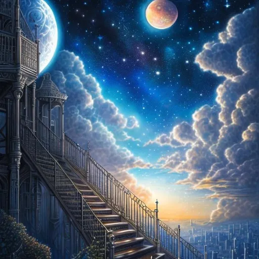 Prompt: John Stephens style, huge moon over sky, endless stair seems to reach to the moon, see galaxy in background, girl climbing stair, sci-fi, fantasy, anime, hand drawn water colour feel, surreal