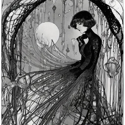 Prompt: Margaret Tarrant, Harry Clarke, Albert Robida　animesque　a girl Keeping comets　jellyfish　Moon and Sun Model　Outer Space Tank