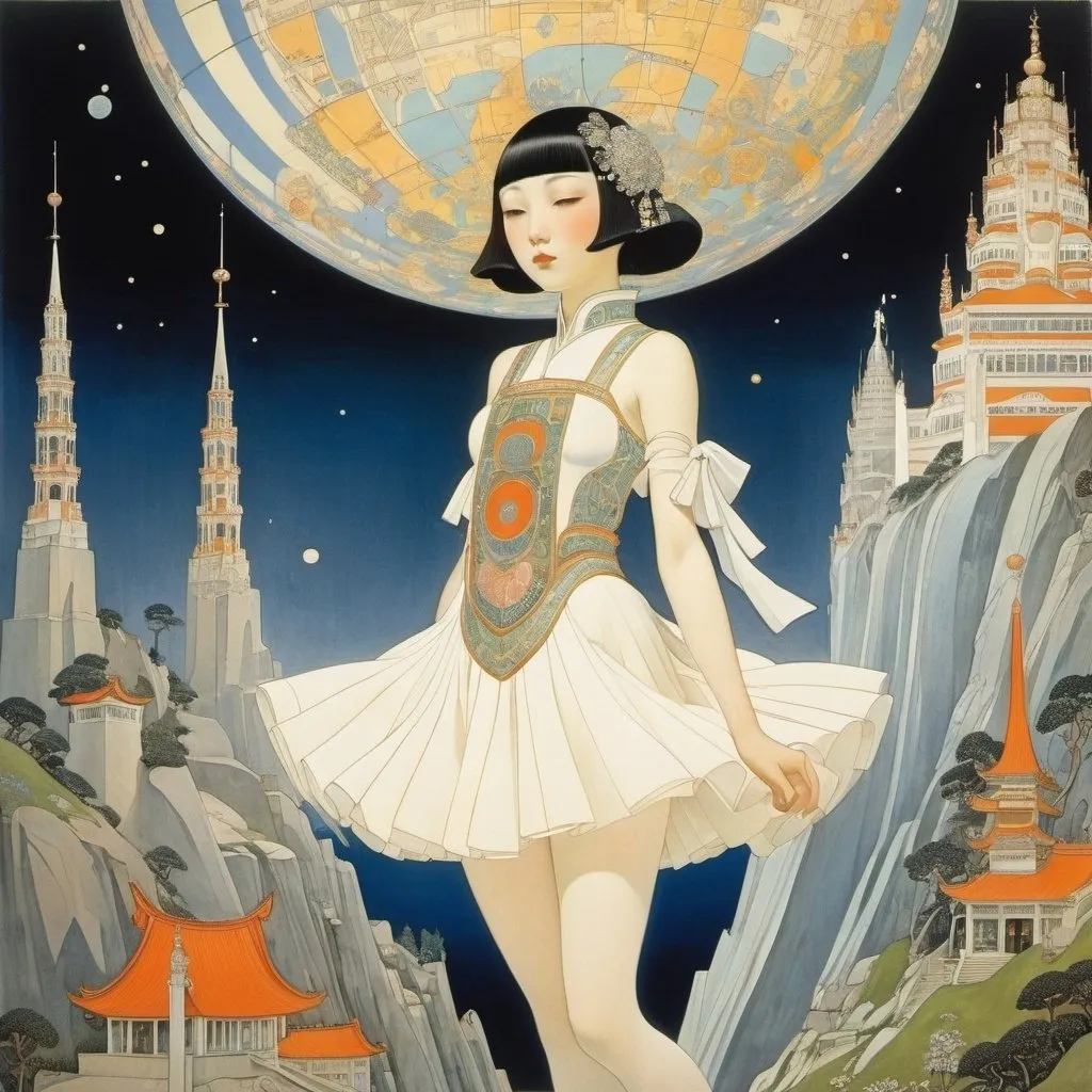 Prompt: Kay Nielsen, Maurice Denis, Jacek Malczewski, Eugene Ivanov, Kiichi Okamoto, Surrealism, wonder, strange, bizarre, fantasy, Sci-fi, Japanese anime, paper exploration, from the underground world to ancient ruins, to outer space, a miniskirt beautiful high school girl who creates a map, perfect voluminous body, detailed masterpiece 