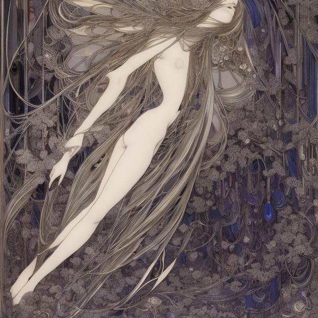 Prompt: Harry Clarke, Heath Robinson, Walter Crane, Japanese Anime, Surreal Mysterious Strange Fantastic Fantasy Sci-Fi, Celestial Pendulum,  Beautiful perfect body Girl, Decomposition,  Fallen Leaves,  Flutter, Grand Piano, hyper detailed, high resolution high definition high quality masterpiece 