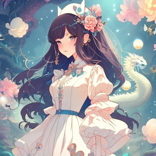 Prompt: Mabel Attwell, cute, James Jean Anime Mysterious Bizarre Fantastic  Sci-fi Fantasy Tea with the Dragon Western-style castle hall Girl Alice detailed high quality resolution definition masterpiece manga lines