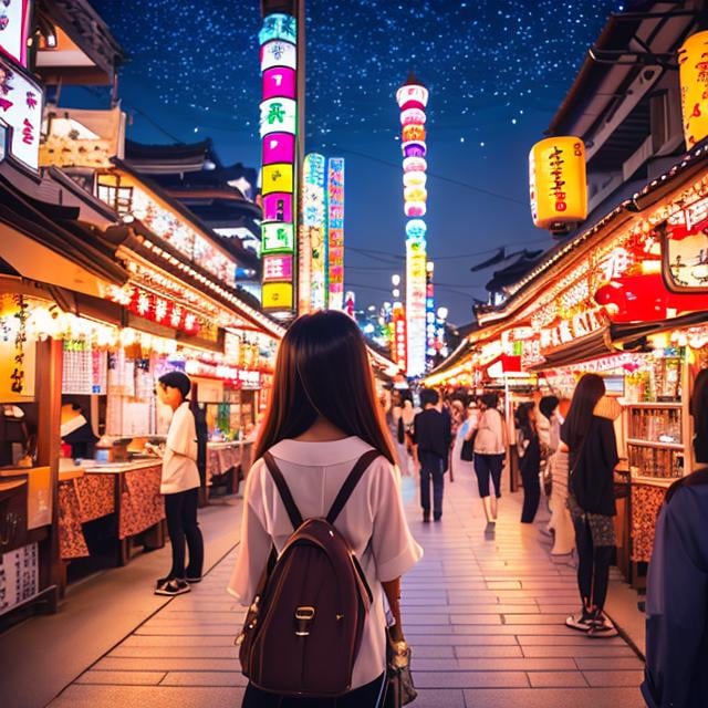 Prompt: , best quality, ultra-detailed, illustration, omatsuri, food stand, 1girl, beautiful eyes, looking at viewer from behind, cowboy shot, looking back, yukata, tree, outdoors,road, walking, crowd, night, lantern, festival, food, pavement, crosswalk, paper lantern, lamppost, brown hair, night sky,