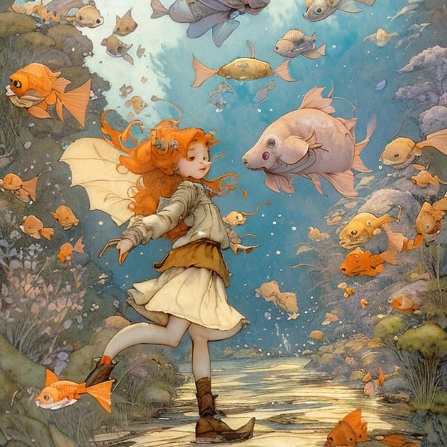 Prompt: Anton Pieck,  Jessie Willcox Smith, Margaret Tarrant, animesque　wondrous　strange　Whimsical　Sci-Fi Fantasy　Goldfish World　Ryukin　Izumi gold　Dutch Lion's Head　Lanc-ch'u-hsien　Wakin　Swimming in the air　Goldfish scoop　matsuri　Miniskirt schoolgirl walking path