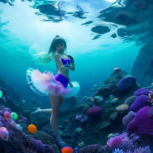 Prompt: Sveta Doroshev, Edmund Swinglehurst, Surreal, mysterious, bizarre, fantastical, fantasy, Sci-fi, Japanese anime, tide pool in the study, rainbow specimen, artificial crystal bottle of biphosphamite, beautiful high school girl in a miniskirt playing in the water, detailed masterpiece 