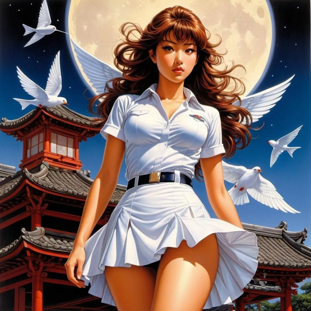 Prompt: Joe Jusko, Reiji Miyajima, Surreal, mysterious, strange, fantastical, fantasy, Sci-fi, Japanese anime, paper airplane miniskirt birdman beautiful girl, perfect voluminous body, moonlight birdcage, detailed masterpiece 