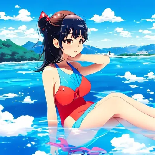Prompt: Kenji Tsuruta style, girl, swimsuit, on submarine, blue sky, 