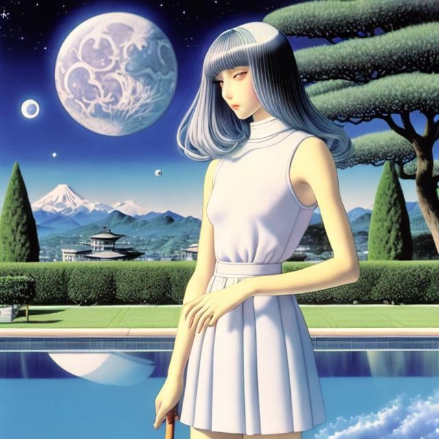 Prompt: Moto Hagio, Paul Delvaux, Surreal, mysterious, strange, fantastical, fantasy, Sci-fi, Japanese anime, blue silver night, a moon about 4 meters in diameter floating in the school pool, a beautiful high school girl in a miniskirt standing by the pool, looking at the moon, perfect voluminous body, detailed masterpiece 