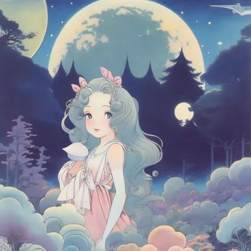 Prompt: Maurice Sendak, Mabel Attwell, Japanese Anime, Surreal Mysterious Weird Fantastic Fantasy Sci-Fi,  Beautiful Girl, perfect voluminous body, The Moon is Sponge Cake, Two-Seater Airplane, Hymn to the Planets,  Aurora, detailed masterpiece 