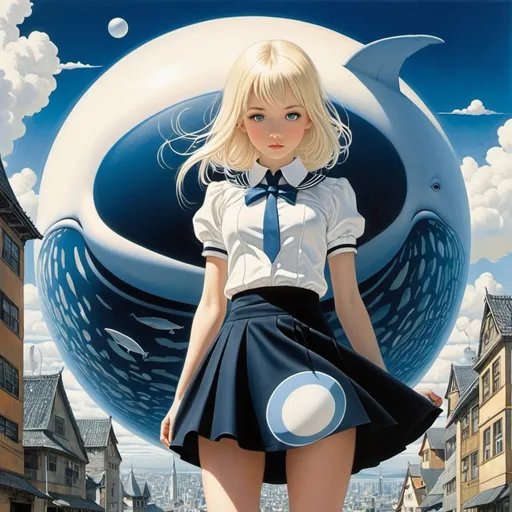 Prompt: Cheryl Orsini, Lachlan Creagh, Jordan Lewerissa, Kay Nielsen, Surrealism, strange, bizarre, fantastical, fantasy, Sci-fi, Japanese anime, abstract power, orientation toward spheres and circles, whale in the city, blonde miniskirt beautiful girl Alice, perfect voluminous body, detailed masterpiece 