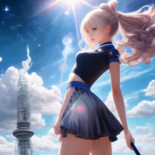 Prompt: Margaret Tarrant, Mabel Attwell, James Jean, Surreal, mysterious, strange, fantastical, fantasy, Sci-fi, Japanese anime, pole vault, active poses, space, stars, cumulonimbus, miniskirt beautiful high school girl, perfect voluminous body, hyper detailed masterpiece, high resolution definition quality, depth of field 