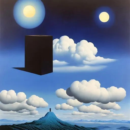 Prompt: René Magritte, Dali, Kikuji Yamashita, Surreal, mysterious, strange, fantastical, fantasy, Sci-fi, Japanese anime, a man who continues to create the path of life, starry sky, moon, clouds, detailed masterpiece high resolution definition quality, depth of field, cinematic lighting 