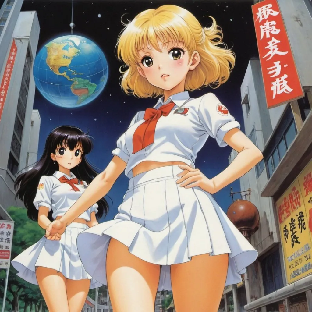 Prompt: Anne Anderson, yuu Watase, Naoko Takeuchi, Joseph Urban, Alexei Pakhomov, Surrealism Mysterious Weird Fantastic Fantasy Sci-Fi, Japanese Anime, Celestial Globe and Curry Rice, Hungry Beautiful High School Girl in Miniskirt, perfect voluminous body, detailed masterpiece 