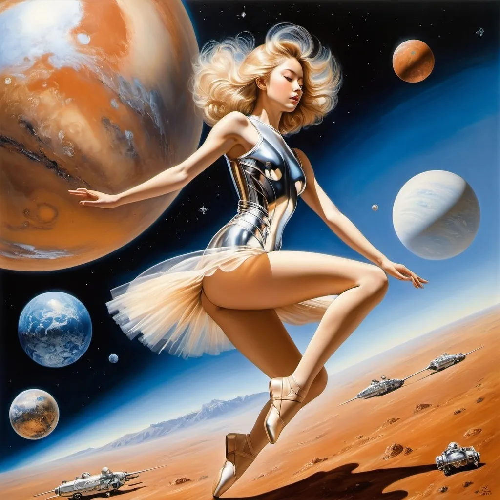 Prompt: Iwona Chmielewska, Sulamith Wülfing, Ellen Raskin, Moto Hagio, Hajime Sorayama, Surrealism, wonder, strange, bizarre, fantasy, Sci-fi, Japanese anime, beautiful ballerina on Mars, perfect voluminous body, rocket crashing headlong, ocean of space, detailed masterpiece 