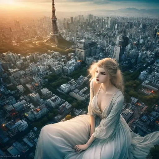 Prompt: Arthur Rackham, Margaret Tarrant, Surreal, mysterious, strange, fantastical, fantasy, Sci-fi, Japanese anime, Tokyo city area, Alice, a 100 meter tall giant blonde beautiful girl lying in the valley between buildings, perfect body, bird's eye view, Tokyo Tower, detailed masterpiece high resolution definition quality, depth of field cinematic lighting 