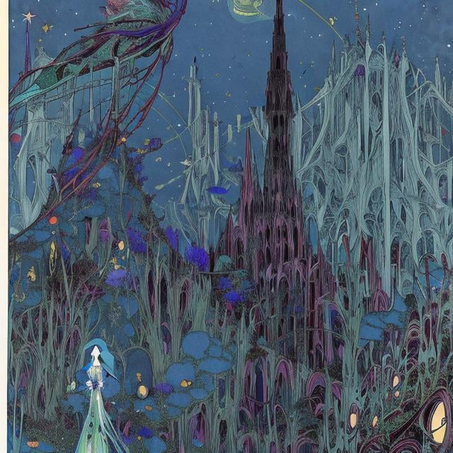 Prompt: Harry Clarke Anime　wondrous　strange　Whimsical　surreal　absurderes　fanciful　Sci-Fi Fantasy　Invited to the world of blue dreams　Planetarium Ghost Travel　Climb the Star Journey Boy Tower　Landscapes from different eras　Sleepless Boy Goes to Moon