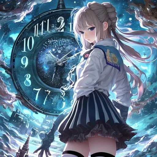 Prompt: Barbara Cooney Japanese Anime　Sci-Fi Fantasy　Miniskirt schoolgirl　A castle between time and space　Large Clock　Waterfall cascading into the void　cosmic space　ocean　月 虹 Hyperdetailed high definition high resolution high quality masterpiece