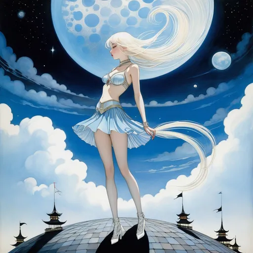 Prompt: Kay Nielsen, Heikala, Surreal, mysterious, strange, fantastical, fantasy, Sci-fi, Japanese anime, circus on the dark side of the moon, beast tamer's beautiful girl in miniskirt, pale blue space sky, detailed masterpiece 