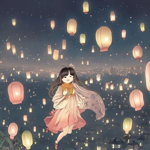 Prompt: Kate Greenaway, Japanese anime,  surreal　wondrous　strange　Whimsical　fanciful　Sci-Fi Fantasy　Toronto Night View　Flying lanterns　Solo girl, hyperdetailed high resolution high quality high definition masterpiece