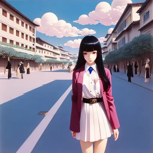 Prompt: Sakura Asagi , Georges de Feure, Surreal, mysterious, strange, fantastical, fantasy, Sci-fi, Japanese anime, beautiful high school girl in a miniskirt on the street, perfect voluminous body, one-point perspective, two-point perspective, three-point perspective, cross-section, Mannerism, Baroque, atmospheric perspective, color perspective, vanishing perspective, curved perspective, Vertical perspective, superimposed perspective, oblique projection cloud clock tower, detailed masterpiece 