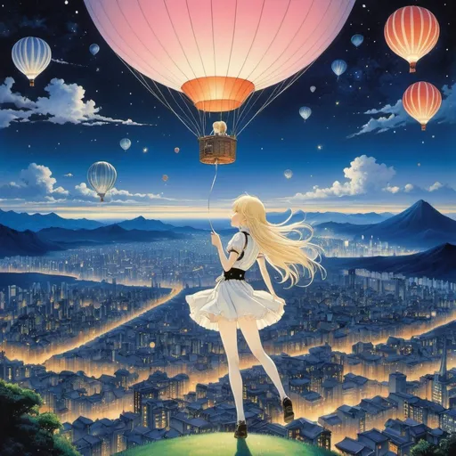 Prompt: Kay Nielsen, Cristina Valadas, Mitsumasa Anno, Tony Taka, Naoyuki Kato, Surrealism, strange, strange, fantastical, fantasy, Sci-fi, Japanese anime, riding a balloon to catch the stars, galaxy, Tokyo night view far below, beautiful blonde miniskirt girl Alice, perfect voluminous body, bird's eye view, detailed masterpiece 