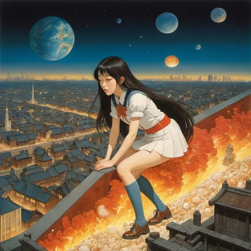 Prompt: Richard Dadd, Maki Sasaki, Surreal, mysterious, strange, fantastical, fantasy, Sci-fi, Japanese anime, Sleeping City, Earth on fire, Shell Ode, Miniskirt Beautiful High School Girl, perfect voluminous body, detailed masterpiece wide angle zoom in 