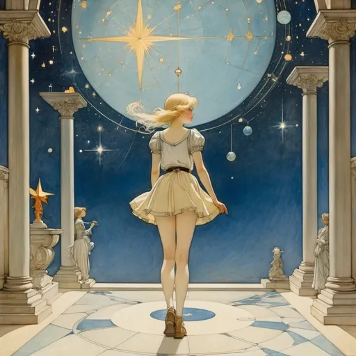 Prompt: Arthur Rackham, Sydney Sime, Jessie M. King, Cecil Walton, Frederick Cayley Robinson, Surrealism, mysterious, bizarre, fantastical, fantasy, Sci-fi, Japanese anime, beautiful blonde miniskirt girl Alice visiting the mansion of the North Star, perfect voluminous body, sculpture group of constellations, detailed masterpiece 