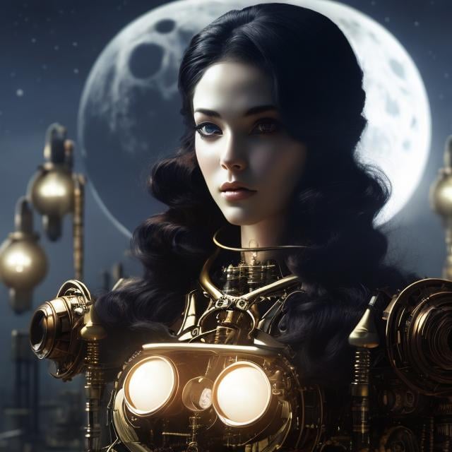 Prompt: Gary Frank, Rita Kernn-Larsen, Surreal, mysterious, strange, fantastical, fantasy, Sci-fi, Japanese anime, mechanical moon, mechanism, machine age beautiful girl, perfect voluminous body, detailed masterpiece 