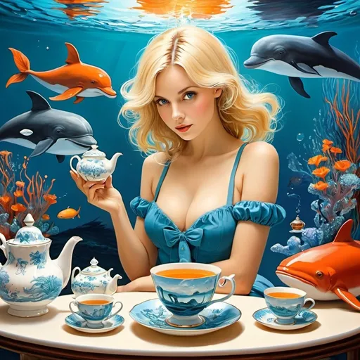 Prompt: Sydney Sime, Nell Brinkley, Krzysztof Skórczewski full colours, Elenore Abbott, Peg Maltby, Surrealism, mysterious, bizarre, bizarre, fantasy, Sci-fi fantasy, anime, ocean pouring from a teapot into a teacup, whales, coral, jellyfish, octopuses, submarines, Blonde miniskirt beautiful girl Alice's tea party, perfect voluminous body, detailed masterpiece 