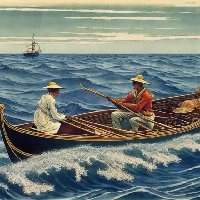 Prompt: Walter Crane, Kiichi Okamoto, Surreal, mysterious, strange, fantastical, fantasy, sci-fi, Japanese anime, countless shining moons floating on the galactic sea, fishermen in a small boat, detailed masterpiece 