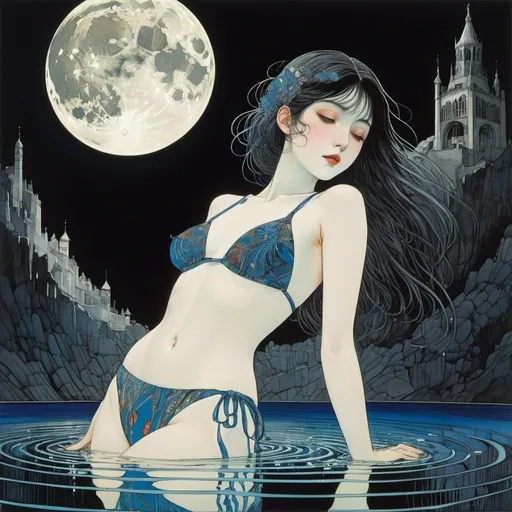 Prompt: Harry Clarke, Don Ivan Punchatz, Surreal, mysterious, strange, fantastical, fantasy, Sci-fi, Japanese anime, swimming in the night, transmittance, reflection, and osmotic pressure of moonlight, beautiful girl in school swimsuit, perfect voluminous body, wet hair, tranquil darkness, detailed masterpiece low high angles perspectives 