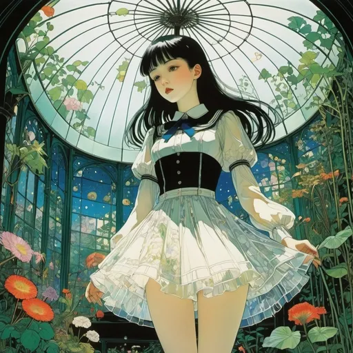 Prompt: Harry Clarke, Lila De Nobili, David Roach, Bianca Bagnarelli, Yasuko Sakata, Surrealism, wonder, strange, bizarre, fantasy, Sci-fi, Japanese anime, greenhouse for growing stars, garden under glass, miniskirt beautiful high school girl's work, perfect voluminous body, detailed masterpiece 