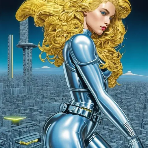 Prompt: Brian Bolland, Alberto Savinio, Surreal, mysterious, strange, fantastical, fantasy, Sci-fi, Japanese anime, vision of the future, machine that became human, beautiful blonde girl, perfect voluminous body, blueprint for utopia, detailed masterpiece 