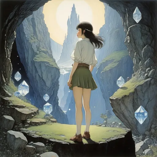 Prompt: Christian Cailleaux, Jean Bastide, Yukari Ichijo, Jan Lööf, John Bauer, Surrealism, mysterious, bizarre, fantastical, fantasy, Sci-fi, Japanese anime, elemental crystals, beautiful girl in miniskirt who collects, dreaming ore, detailed masterpiece angles perspectives 