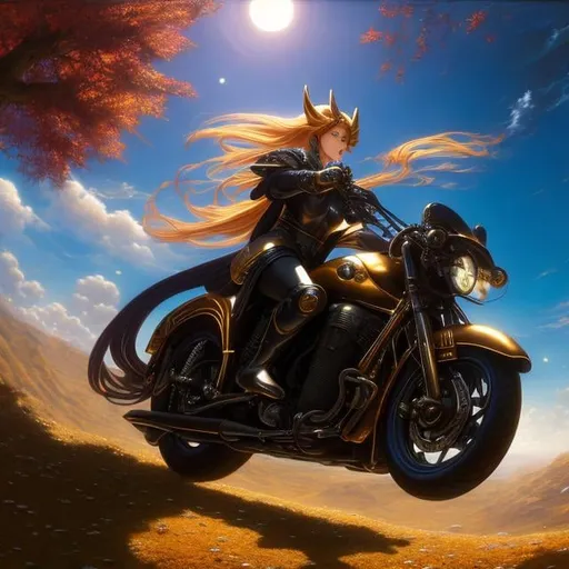 Prompt: Frank Pape, Masamune Shirow, Surreal, mysterious, strange, fantastical, fantasy, Sci-fi, Japanese anime, apple of the golden sun, signs of autumn, lady in a rider suit riding a motorcycle, galaxy, detailed masterpiece 