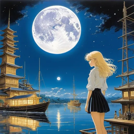 Prompt: Georges Mathieu, 
Moto Hagio, Surreal, mysterious, strange, fantastic, fantasy, sci-fi, Japanese anime, a boat crossing the glass universe, a beautiful high school girl in a miniskirt observing the transparent full moon, detailed masterpiece 