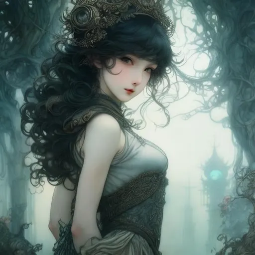Prompt: Arthur Rackham, James Jean, Surreal, mysterious, strange, fantastical, fantasy, Sci-fi, Japanese anime, small miniskirt beautiful high school girl in the palm of your hand, smiling, perfect voluminous body, detailed masterpiece depth of field cinematic masterpiece 