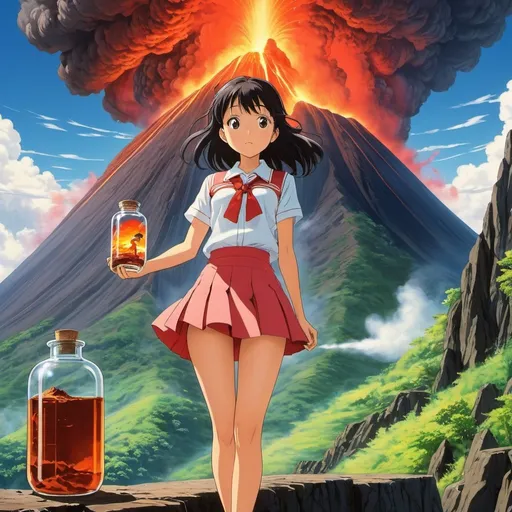 Prompt: Thomas Crane, Hiroshi Manabe, Surreal, mysterious, strange, fantastical, fantasy, Sci-fi, Japanese anime, beautiful high school girl in a miniskirt who keeps a volcano in a glass bottle, perfect voluminous body, observing eruptions, summer vacation assignment, detailed masterpiece 