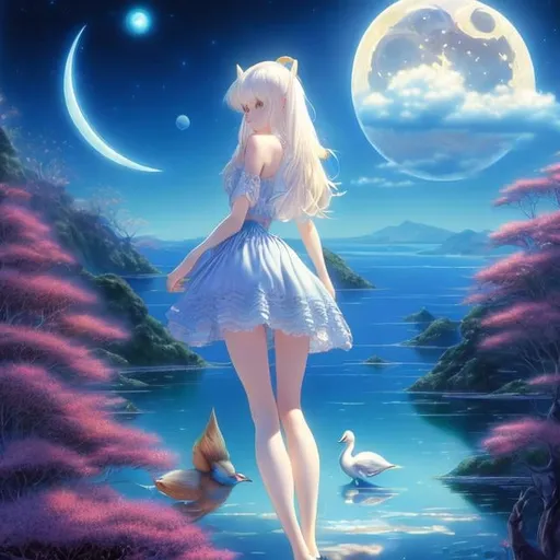 Prompt: Margaret Tarrant, Jean Giraud, Moyna Flannigan, Surreal, mysterious, strange, fantastical, fantasy, Sci-fi, japanime, blueprint of blonde miniskirt beautiful girl Alice, perfect body, perspective view, 3D view, bird's eye view, moon sleeping at the bottom of the water, on paper, detailed masterpiece 