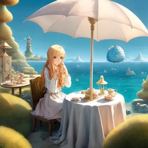 Prompt: Aquirax Uno, Anton Pieck, Surreal, mysterious, bizarre, fantastical, fantasy, Sci-fi, Japanese anime, a key tree growing from the ground, a geyser of cream puffs, a beautiful blonde miniskirt girl Alice having tea with Mr. Cat under a beach umbrella, perfect body, detailed masterpiece 