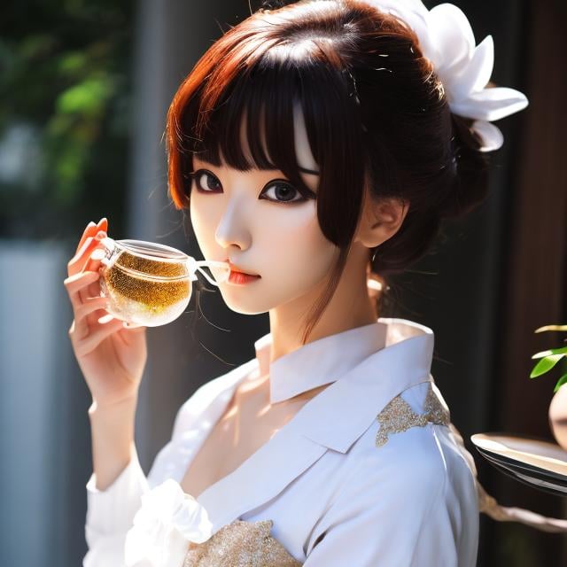 Prompt: Hirohiko Araki, Thomas Crane, Surreal, mysterious, strange, fantastical, fantasy, Sci-fi, Japanese anime, android miniskirt beautiful maid, short hair, boyish, perfect voluminous body Preparing tea, detailed masterpiece 