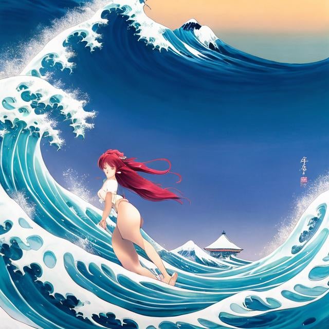 Prompt:  Pierre Roy, Katsura Hoshino, Surreal, mysterious, strange, fantastical, fantasy, Sci-fi fantasy, anime, The Great Wave off Kanagawa, miniskirt beautiful girl riding the waves, perfect voluminous body, detailed masterpiece 